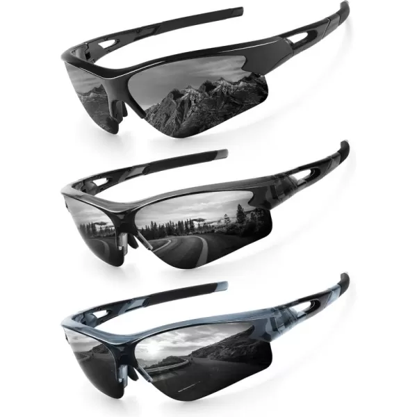 KALIYADI Sports Sunglasses for Men Polarized Sun Glasses for Men Women Youth Baseball Softball with UV Protection3 Packs Glossy BlackGlossy Transparent GreyGlossy Transparent Grey Green