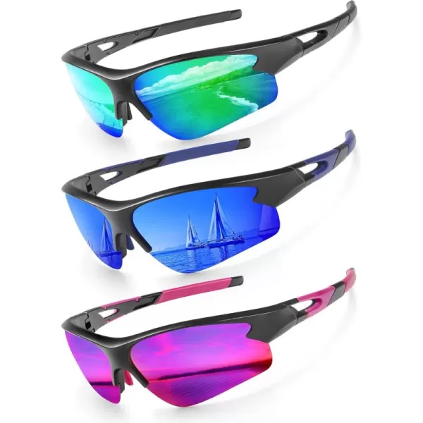 KALIYADI Sports Sunglasses for Men Polarized Sun Glasses for Men Women Youth Baseball Softball with UV Protection3 Packs Purplish RedDark BlueBlue Green