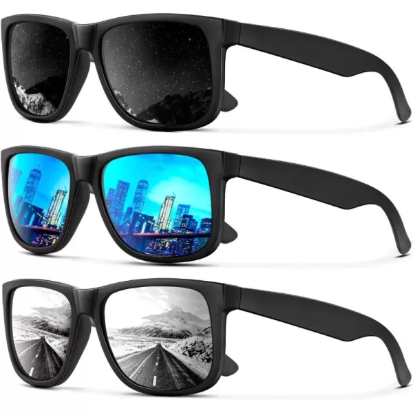 KALIYADI Sunglasses Men Polarized Sun glasses for Mens Womens Classic Matte Black Frame UV Protection 3pack3 Pack BlackIce BlueSilver