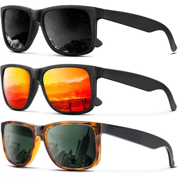 KALIYADI Sunglasses Men Polarized Sun glasses for Mens Womens Classic Matte Black Frame UV Protection 3pack3 Pack BlackOrangeTortoise G15
