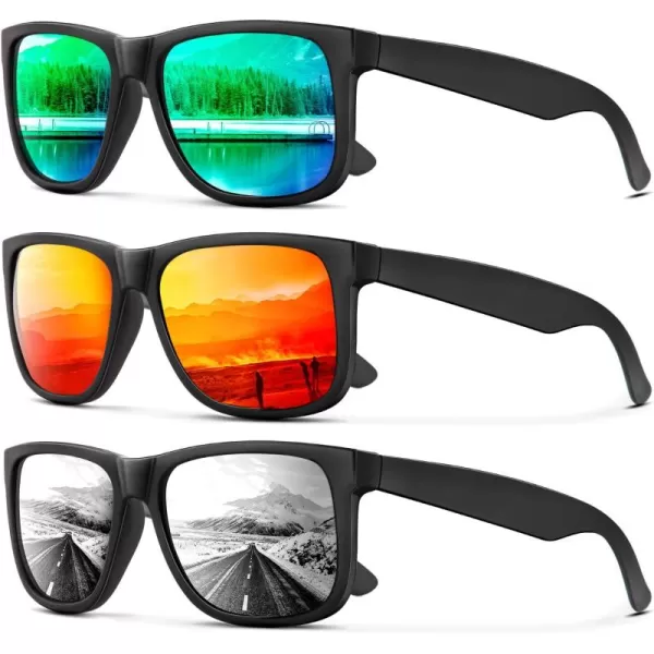 KALIYADI Sunglasses Men Polarized Sun glasses for Mens Womens Classic Matte Black Frame UV Protection 3pack3 Pack GreenOrangeSilver