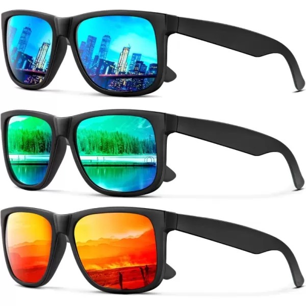 KALIYADI Sunglasses Men Polarized Sun glasses for Mens Womens Classic Matte Black Frame UV Protection 3pack3 Pack Ice BlueGreenOrange