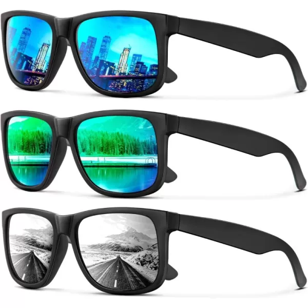 KALIYADI Sunglasses Men Polarized Sun glasses for Mens Womens Classic Matte Black Frame UV Protection 3pack3 Pack Ice BlueGreenSilver