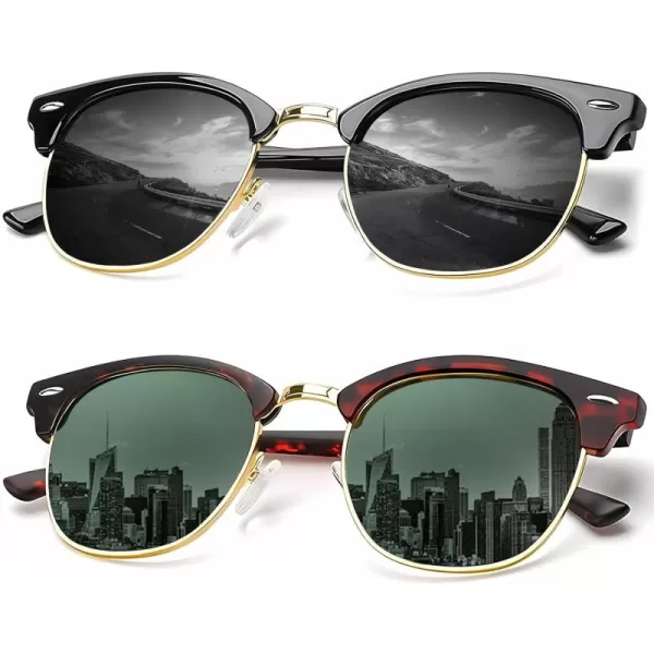 KALIYADI Sunglasses Men Polarized Sunglasses for Men Women Unisex SemiRimless Frame Retro Driving Sun Glasses UV BlockingB02 2 Pack Glossy BlackMatte Blackish Green