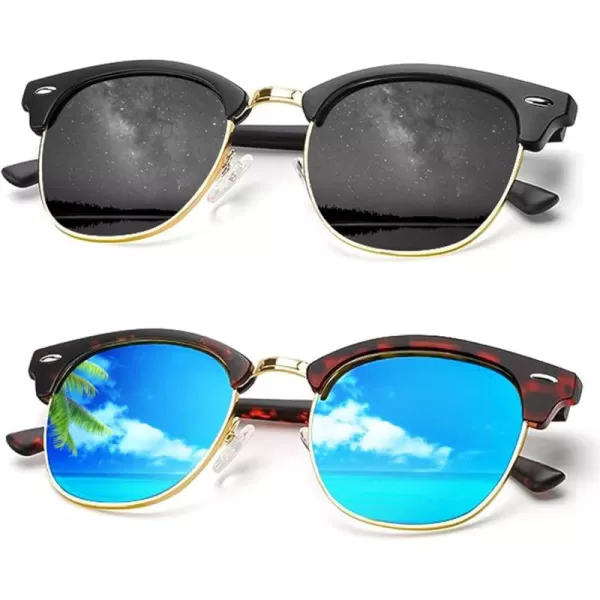 KALIYADI Sunglasses Men Polarized Sunglasses for Men Women Unisex SemiRimless Frame Retro Driving Sun Glasses UV BlockingB03 2 Pack BlackBlue