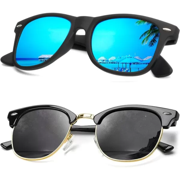 KALIYADI Sunglasses Men Polarized Sunglasses for Men Women Unisex SemiRimless Frame Retro Driving Sun Glasses UV BlockingC02 2 Pack BlueBlack