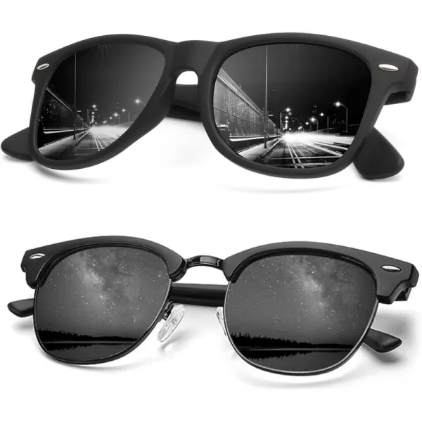 KALIYADI Sunglasses Men Polarized Sunglasses for Men Women Unisex SemiRimless Frame Retro Driving Sun Glasses UV BlockingC04 2 Pack Matte Black  Matte Black Frame Black Lens