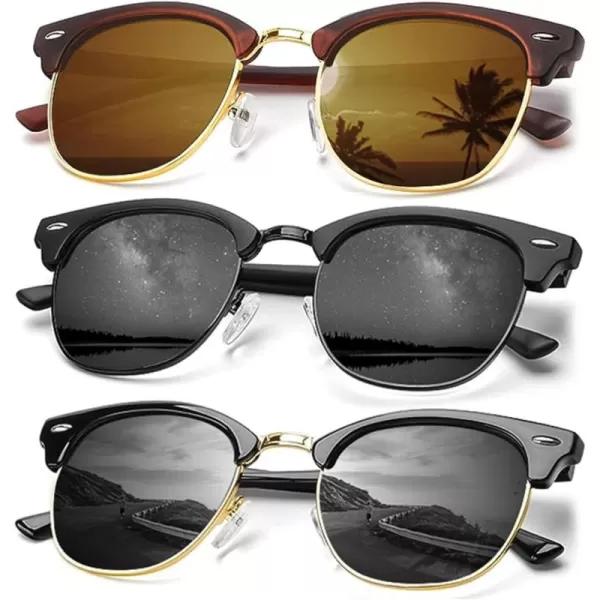 KALIYADI Sunglasses Men Polarized Sunglasses for Men Women Unisex SemiRimless Frame Retro Driving Sun Glasses UV BlockingD013 Pack BrownBlackBlack
