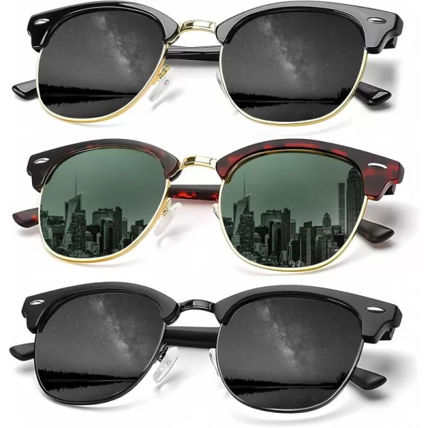 KALIYADI Sunglasses Men Polarized Sunglasses for Men Women Unisex SemiRimless Frame Retro Driving Sun Glasses UV BlockingD023 Pack BlackTortoiseGlossy Black