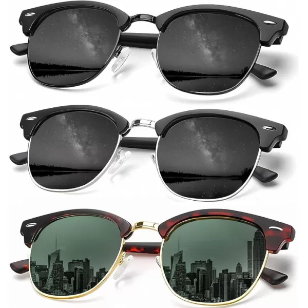 KALIYADI Sunglasses Men Polarized Sunglasses for Men Women Unisex SemiRimless Frame Retro Driving Sun Glasses UV BlockingD033 Pack TortoiseGlossy BlackMatte Black