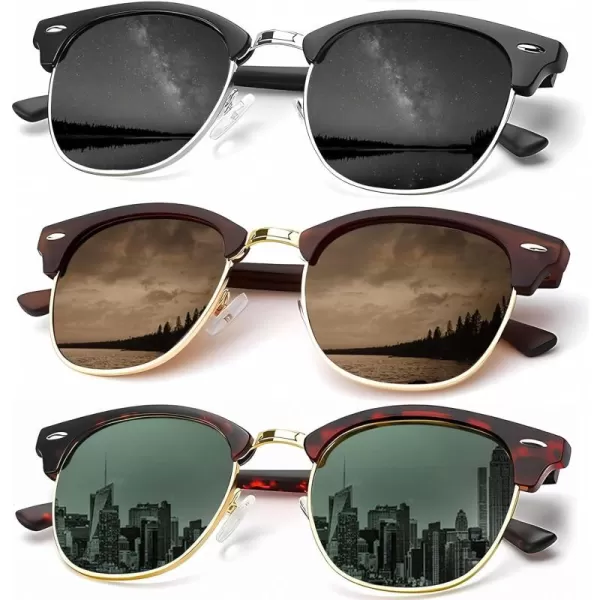 KALIYADI Sunglasses Men Polarized Sunglasses for Men Women Unisex SemiRimless Frame Retro Driving Sun Glasses UV BlockingD043 Pack Tortoise G15Silver BlackBrown