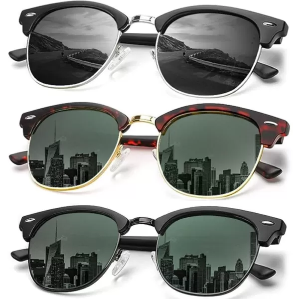 KALIYADI Sunglasses Men Polarized Sunglasses for Men Women Unisex SemiRimless Frame Retro Driving Sun Glasses UV BlockingD053 Pack Tortoise G15Silver BlackBlack G15