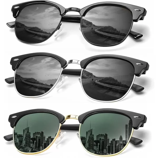 KALIYADI Sunglasses Men Polarized Sunglasses for Men Women Unisex SemiRimless Frame Retro Driving Sun Glasses UV BlockingD063 Pack BlackSilver BlackGolden G15