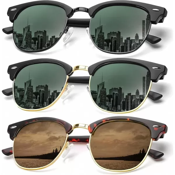 KALIYADI Sunglasses Men Polarized Sunglasses for Men Women Unisex SemiRimless Frame Retro Driving Sun Glasses UV BlockingD073 Pack Golden G15Black G15Tortoise Brown