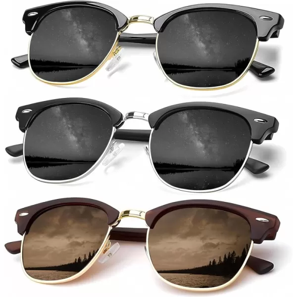KALIYADI Sunglasses Men Polarized Sunglasses for Men Women Unisex SemiRimless Frame Retro Driving Sun Glasses UV BlockingD083 Pack Golden BlackSilver BlackBrown