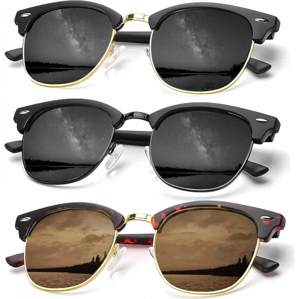 KALIYADI Sunglasses Men Polarized Sunglasses for Men Women Unisex SemiRimless Frame Retro Driving Sun Glasses UV BlockingD093 Pack Golden BlackBlackTortoise Brown