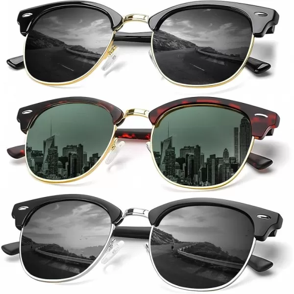 KALIYADI Sunglasses Men Polarized Sunglasses for Men Women Unisex SemiRimless Frame Retro Driving Sun Glasses UV BlockingD093 Packgolden BlackTortoise G15Silver Black