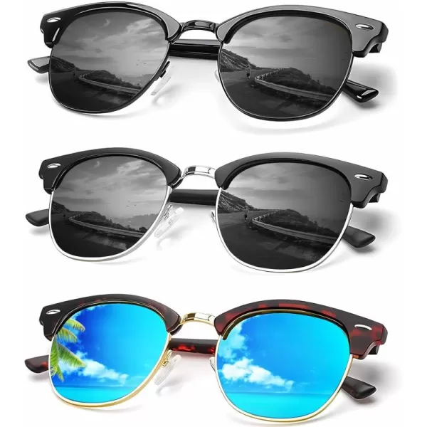 KALIYADI Sunglasses Men Polarized Sunglasses for Men Women Unisex SemiRimless Frame Retro Driving Sun Glasses UV BlockingD103 Packtortoise BlueBlackSilver Black