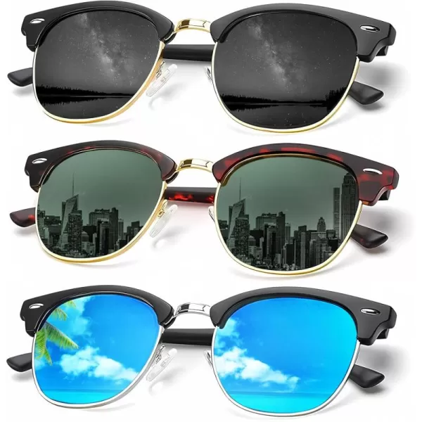 KALIYADI Sunglasses Men Polarized Sunglasses for Men Women Unisex SemiRimless Frame Retro Driving Sun Glasses UV BlockingD113 Packgolden BlackTortoise G15Black Blue