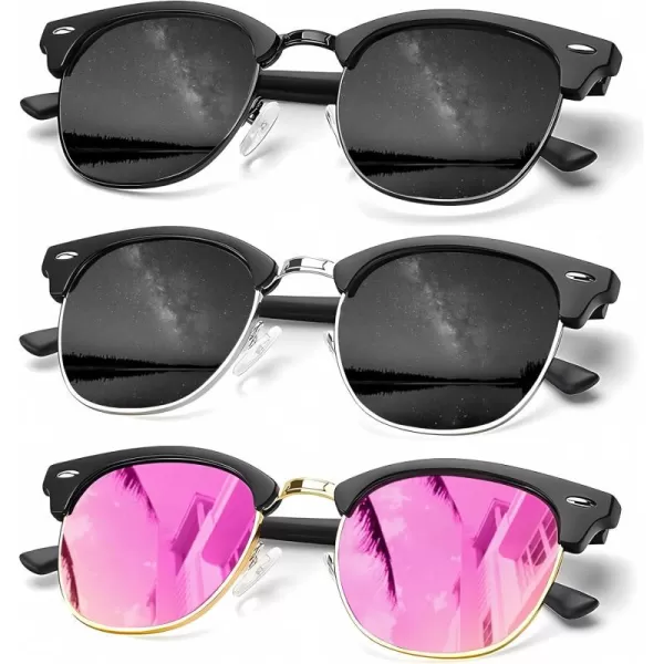 KALIYADI Sunglasses Men Polarized Sunglasses for Men Women Unisex SemiRimless Frame Retro Driving Sun Glasses UV BlockingD123 PackblackSilver BlackBlack Pink