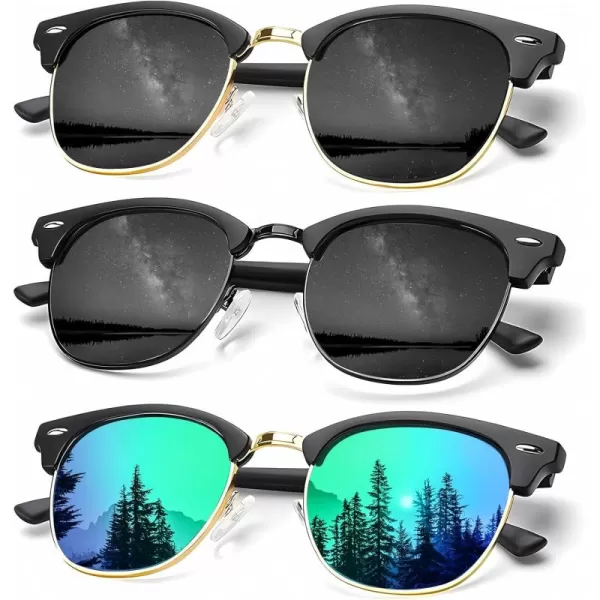 KALIYADI Sunglasses Men Polarized Sunglasses for Men Women Unisex SemiRimless Frame Retro Driving Sun Glasses UV BlockingD133 Packgolden BlackBlackBlack Green