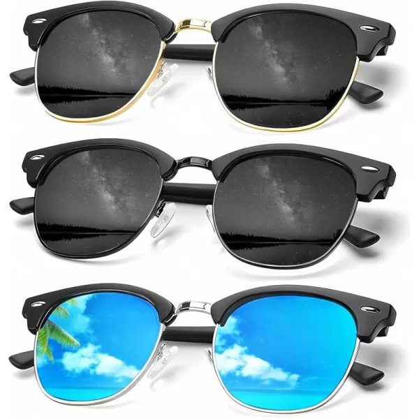KALIYADI Sunglasses Men Polarized Sunglasses for Men Women Unisex SemiRimless Frame Retro Driving Sun Glasses UV BlockingD153 Packgolden BlackBlackBlack Blue