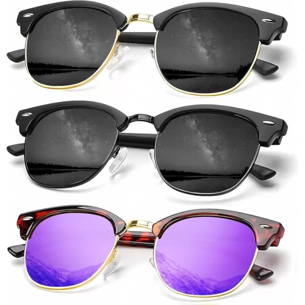 KALIYADI Sunglasses Men Polarized Sunglasses for Men Women Unisex SemiRimless Frame Retro Driving Sun Glasses UV BlockingD163 Packgolden BlackBlackTortoise Purple