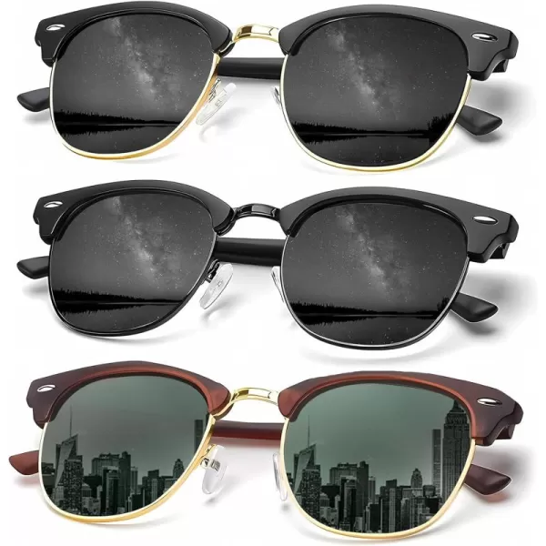 KALIYADI Sunglasses Men Polarized Sunglasses for Men Women Unisex SemiRimless Frame Retro Driving Sun Glasses UV BlockingD173 Packgolden BlackBlackBrown G15