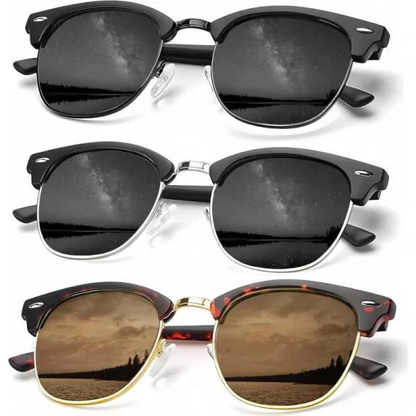 KALIYADI Sunglasses Men Polarized Sunglasses for Men Women Unisex SemiRimless Frame Retro Driving Sun Glasses UV BlockingD183 PackblackSilver BlackTortoise Brown