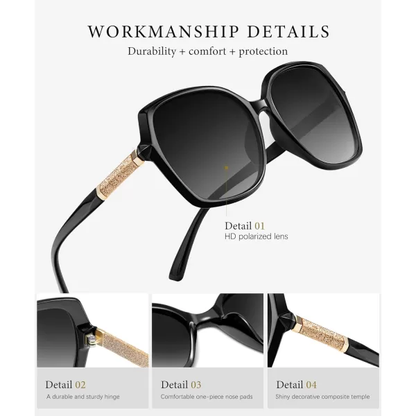 KALIYADI Classic Polarized Sunglasses for Women Trendy Square Ladies Sun Glasses Shades Sparkling Frame UV400 Protection01 Glossy Black Frame Grey Lens