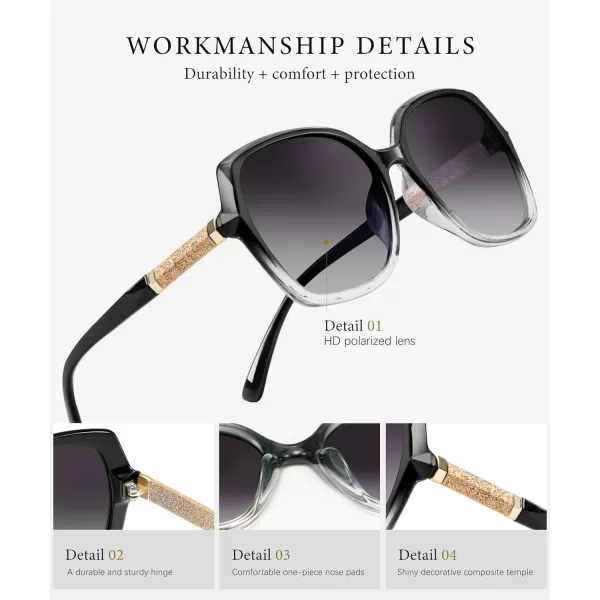 KALIYADI Classic Polarized Sunglasses for Women Trendy Square Ladies Sun Glasses Shades Sparkling Frame UV400 Protection03 Gradient Black Frame Gradient Grey Lens