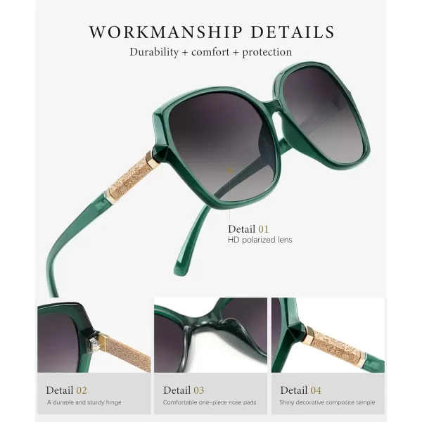 KALIYADI Classic Polarized Sunglasses for Women Trendy Square Ladies Sun Glasses Shades Sparkling Frame UV400 Protection05 Green Frame Gradient Grey Lens