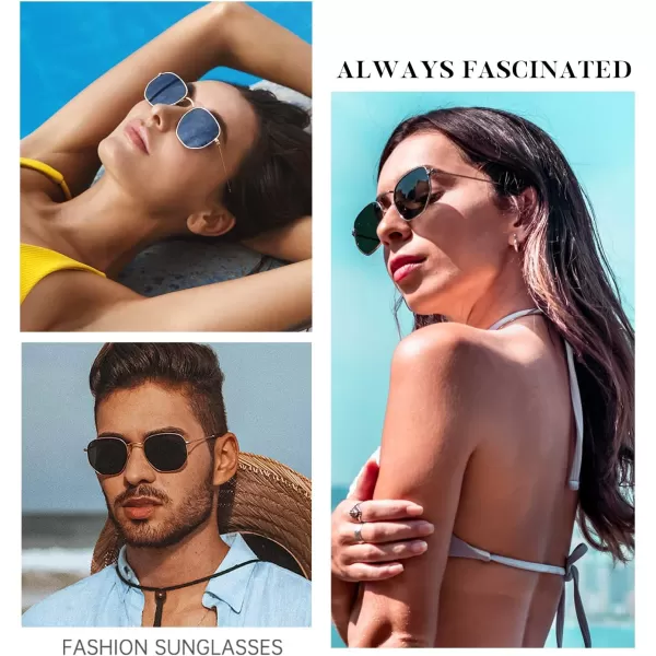 KALIYADI Sunglasses for Women and Men Polarized Square UV Protection Trendy Metal Frame Hexagon SunglassesA11 2 Pack GoldBlue  GoldPink Hexagonal