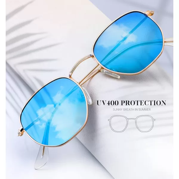 KALIYADI Sunglasses for Women and Men Polarized Square UV Protection Trendy Metal Frame Hexagon SunglassesA11 2 Pack GoldBlue  GoldPink Hexagonal