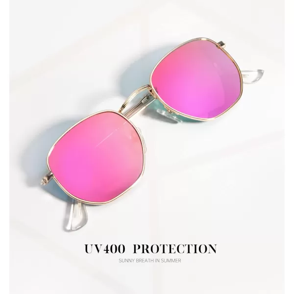 KALIYADI Sunglasses for Women and Men Polarized Square UV Protection Trendy Metal Frame Hexagon SunglassesA12 2 Pack GoldPink  SilverSilver Hexagonal