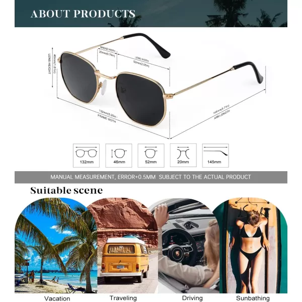 KALIYADI Sunglasses for Women and Men Polarized Square UV Protection Trendy Metal Frame Hexagon SunglassesAa2 3 Pack BlackGrey  GoldGrey  GoldBrown Hexagonal