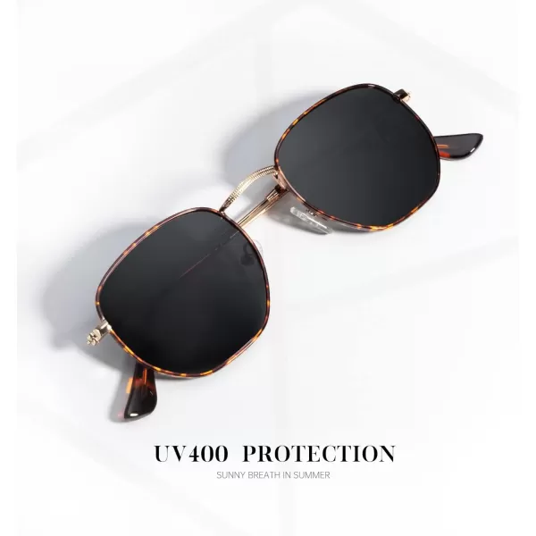 KALIYADI Sunglasses for Women and Men Polarized Square UV Protection Trendy Metal Frame Hexagon SunglassesB3 LeopardGrey Hexagonal