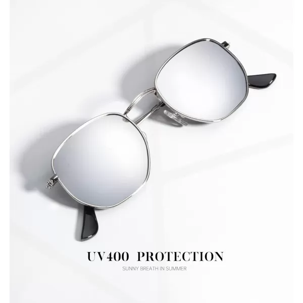 KALIYADI Sunglasses for Women and Men Polarized Square UV Protection Trendy Metal Frame Hexagon SunglassesB8 SilverSilver Hexagonal
