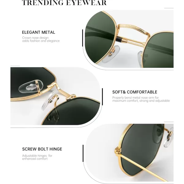KALIYADI Sunglasses for Women and Men Polarized Square UV Protection Trendy Metal Frame Hexagon SunglassesBb5 GoldG15 Glass Lennon Polarizedhexagonal