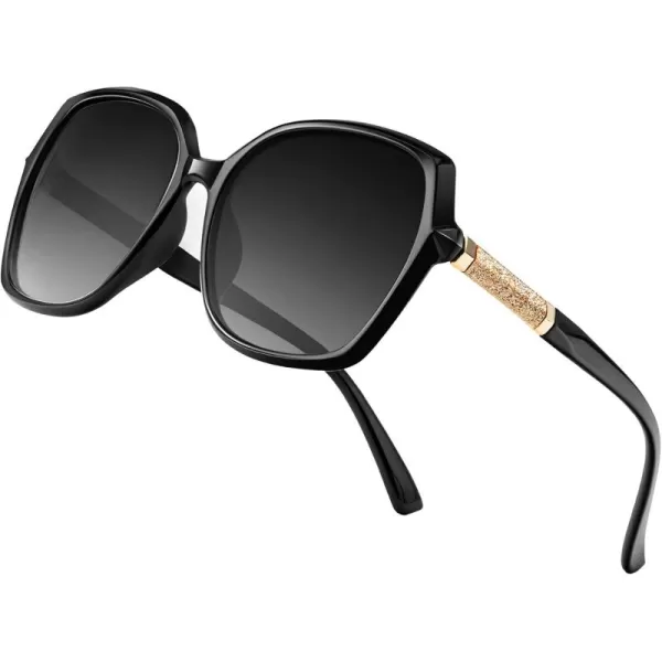 KALIYADI Classic Polarized Sunglasses for Women Trendy Square Ladies Sun Glasses Shades Sparkling Frame UV400 Protection01 Glossy Black Frame Grey Lens