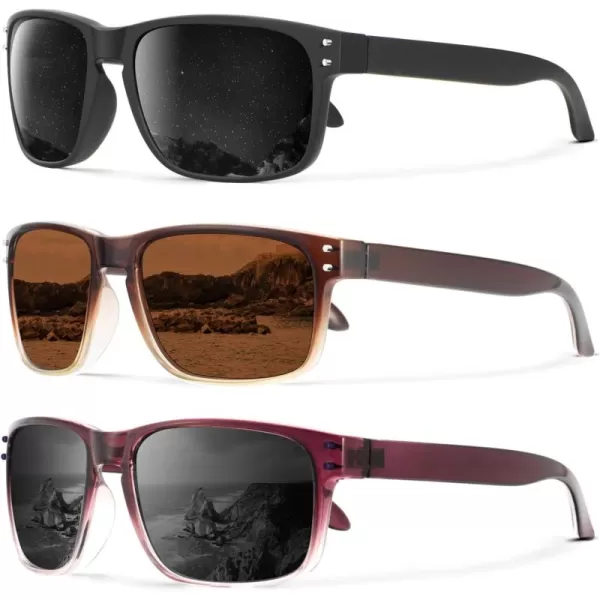 KALIYADI Polarized Sunglasses for Men and Women Vintage Style Sun Glasses for Fishing Running Driving with UV Protection3 Pack BlackGradient BrownGradient Purple Red