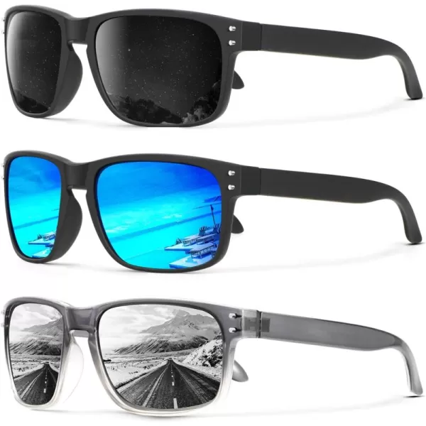 KALIYADI Polarized Sunglasses for Men and Women Vintage Style Sun Glasses for Fishing Running Driving with UV Protection3 Pack GreyIce BlueSilver