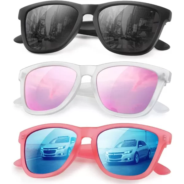 KALIYADI Sunglasses for Women Men Polarized and UV Protection Classic Rectangle Stylish Fashion Sun glasses3 PACK Matte blackgreyampampTransparentpinkampampPinkice blue