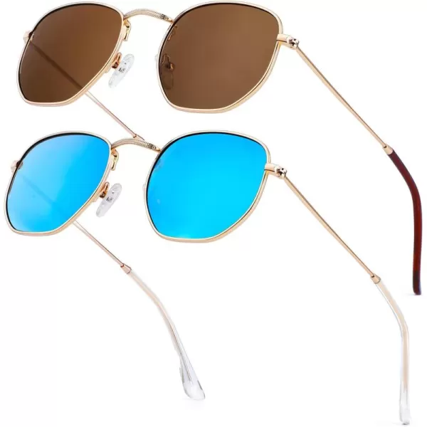 KALIYADI Sunglasses for Women and Men Polarized Square UV Protection Trendy Metal Frame Hexagon SunglassesA10 2 Pack GoldBrown  GoldBlue Hexagonal