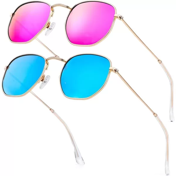 KALIYADI Sunglasses for Women and Men Polarized Square UV Protection Trendy Metal Frame Hexagon SunglassesA11 2 Pack GoldBlue  GoldPink Hexagonal