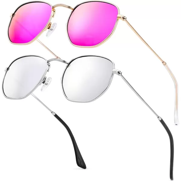 KALIYADI Sunglasses for Women and Men Polarized Square UV Protection Trendy Metal Frame Hexagon SunglassesA12 2 Pack GoldPink  SilverSilver Hexagonal