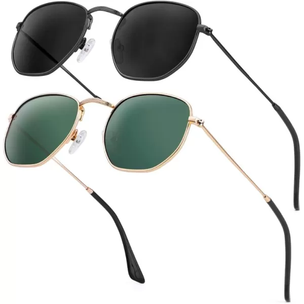 KALIYADI Sunglasses for Women and Men Polarized Square UV Protection Trendy Metal Frame Hexagon SunglassesA2 2 Pack BlackGrey  GoldG15 Hexagonal