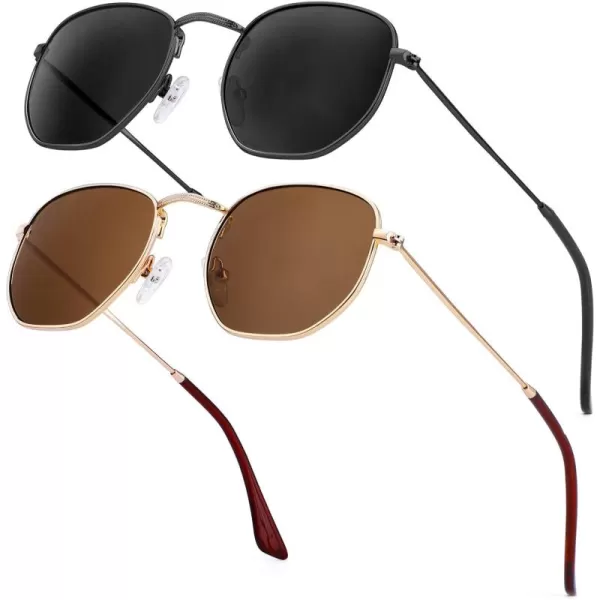 KALIYADI Sunglasses for Women and Men Polarized Square UV Protection Trendy Metal Frame Hexagon SunglassesA3 2 Pack BlackGrey  GoldBrown Hexagonal