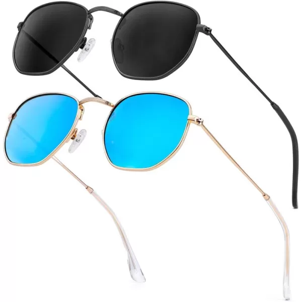 KALIYADI Sunglasses for Women and Men Polarized Square UV Protection Trendy Metal Frame Hexagon SunglassesA4 2 Pack BlackGrey  GoldBlue Hexagonal