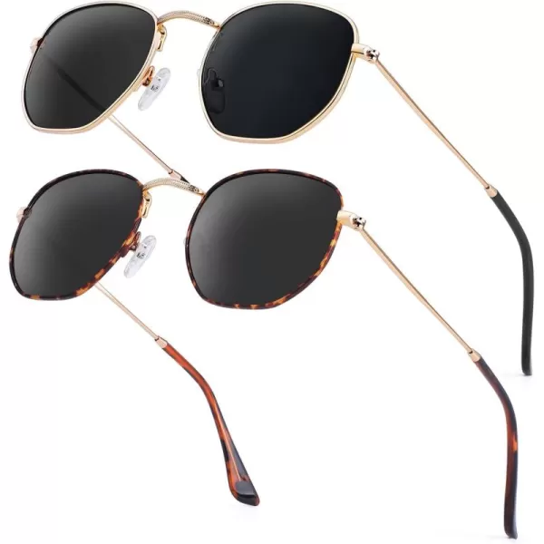 KALIYADI Sunglasses for Women and Men Polarized Square UV Protection Trendy Metal Frame Hexagon SunglassesA5 2 Pack GoldGrey  LeopardGrey Hexagonal